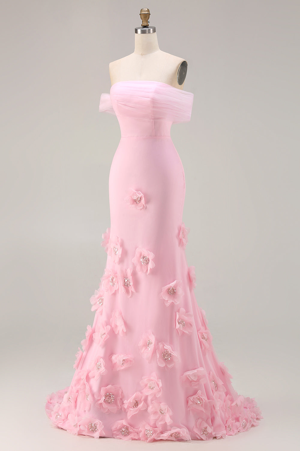 Robe de bal sirène rose à fleurs 3D épaules dénudées