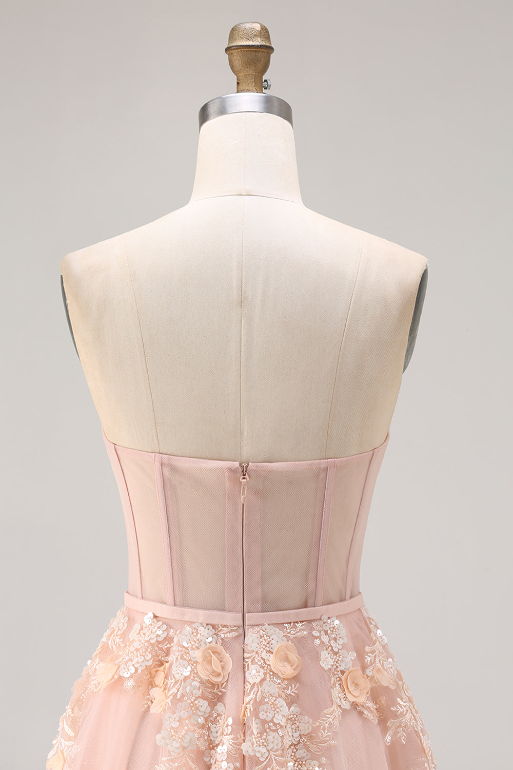 Robe longue de bal convertible en tulle fard à joues avec applique corset et manches, coupe trapèze