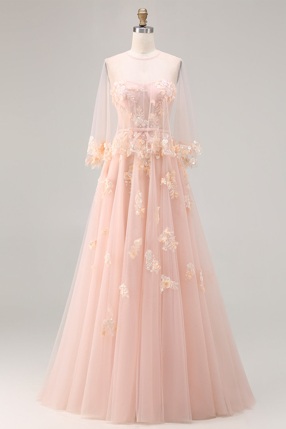 Robe longue de bal convertible en tulle fard à joues avec applique corset et manches, coupe trapèze