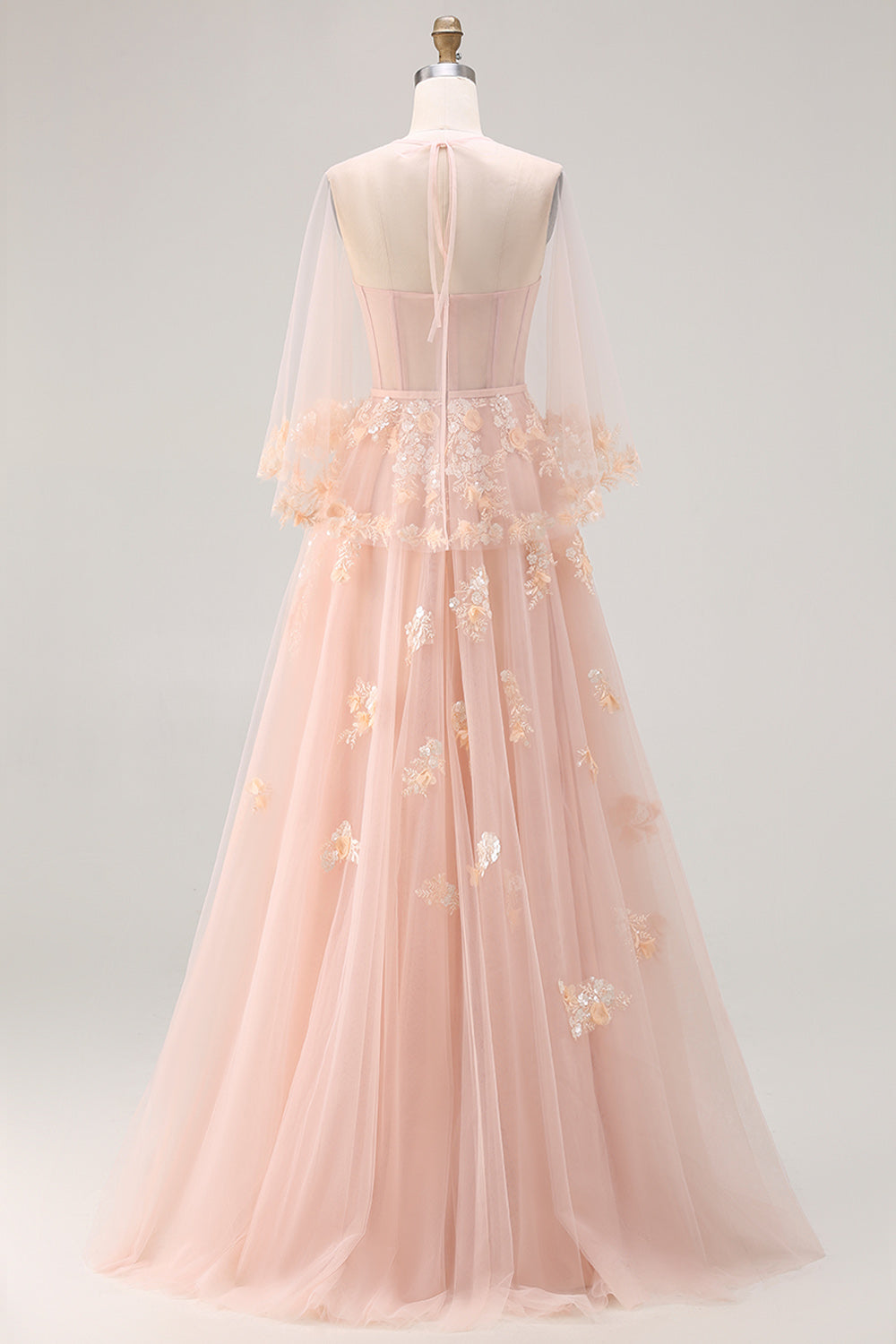 Robe longue de bal convertible en tulle fard à joues avec applique corset et manches, coupe trapèze