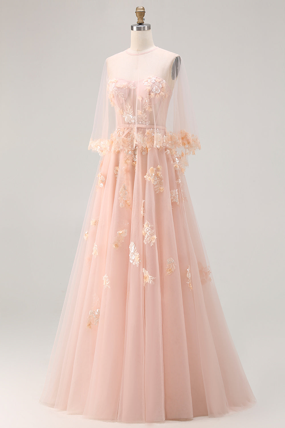Robe longue de bal convertible en tulle fard à joues avec applique corset et manches, coupe trapèze