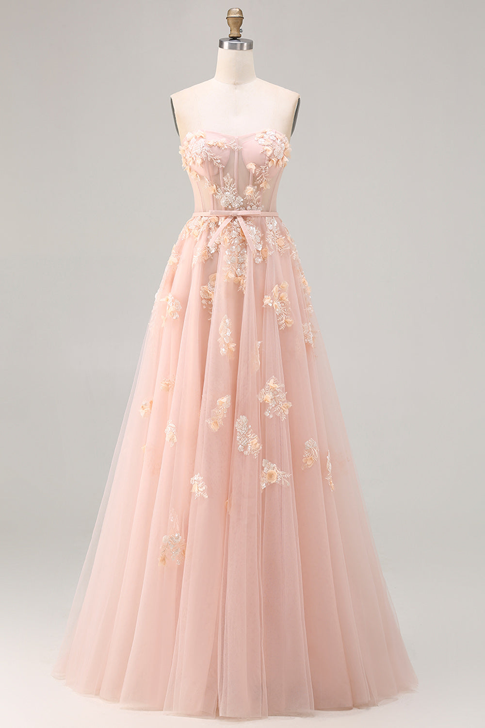 Robe longue de bal convertible en tulle fard à joues avec applique corset et manches, coupe trapèze