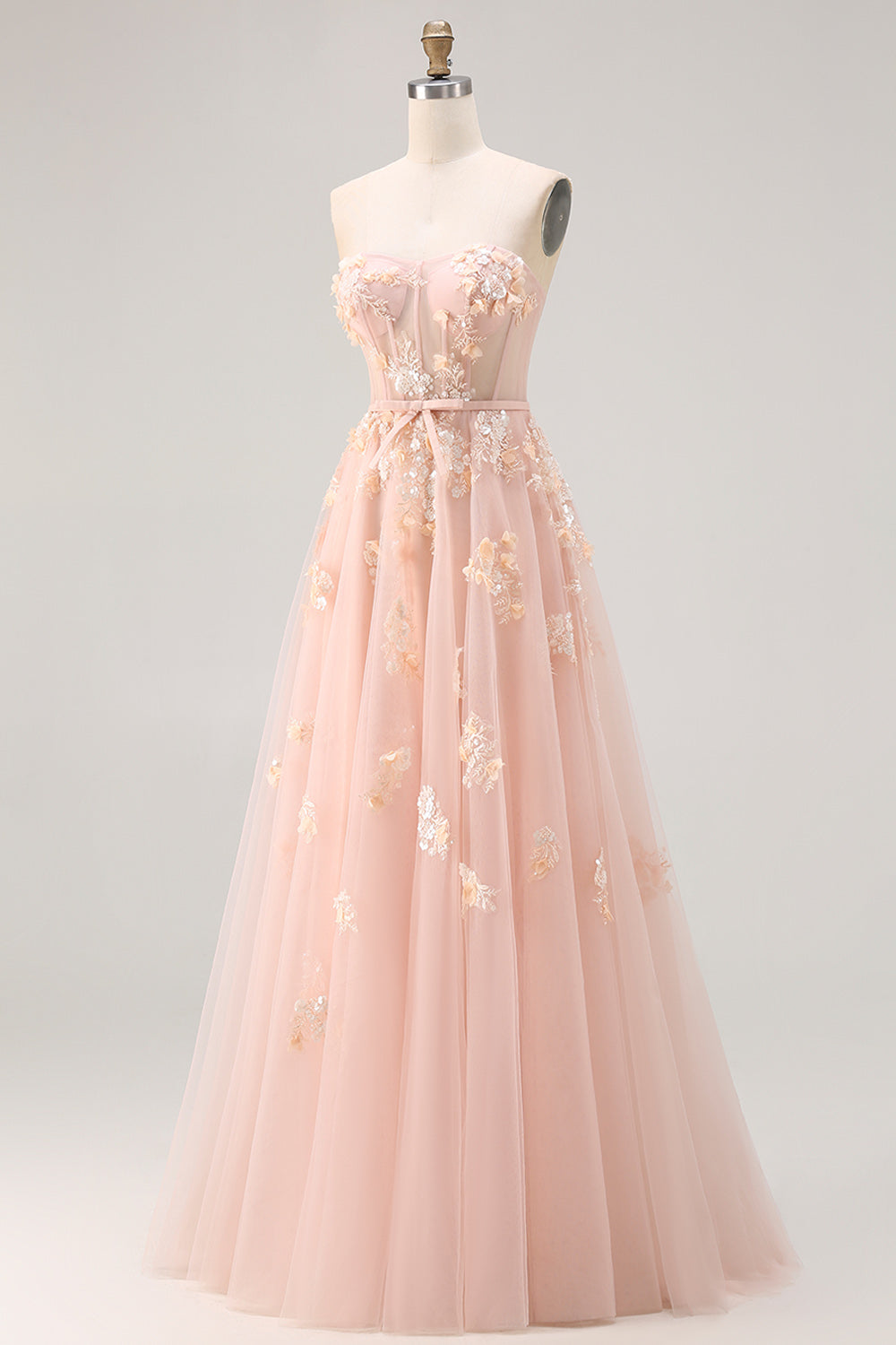Robe longue de bal convertible en tulle fard à joues avec applique corset et manches, coupe trapèze