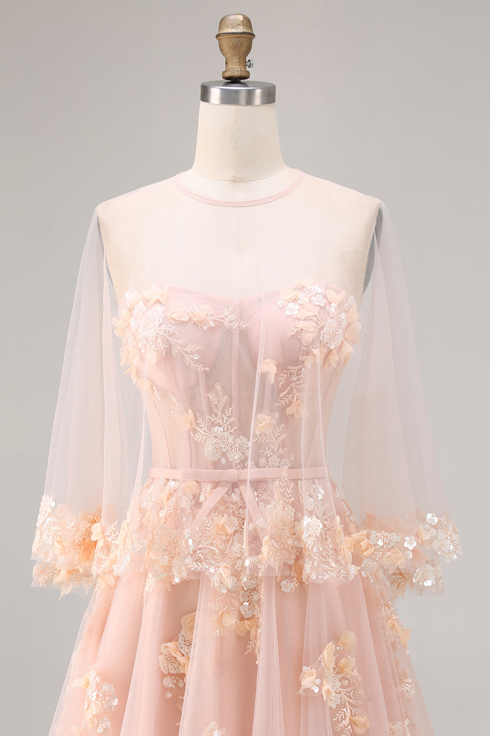 Robe longue de bal convertible en tulle fard à joues avec applique corset et manches, coupe trapèze