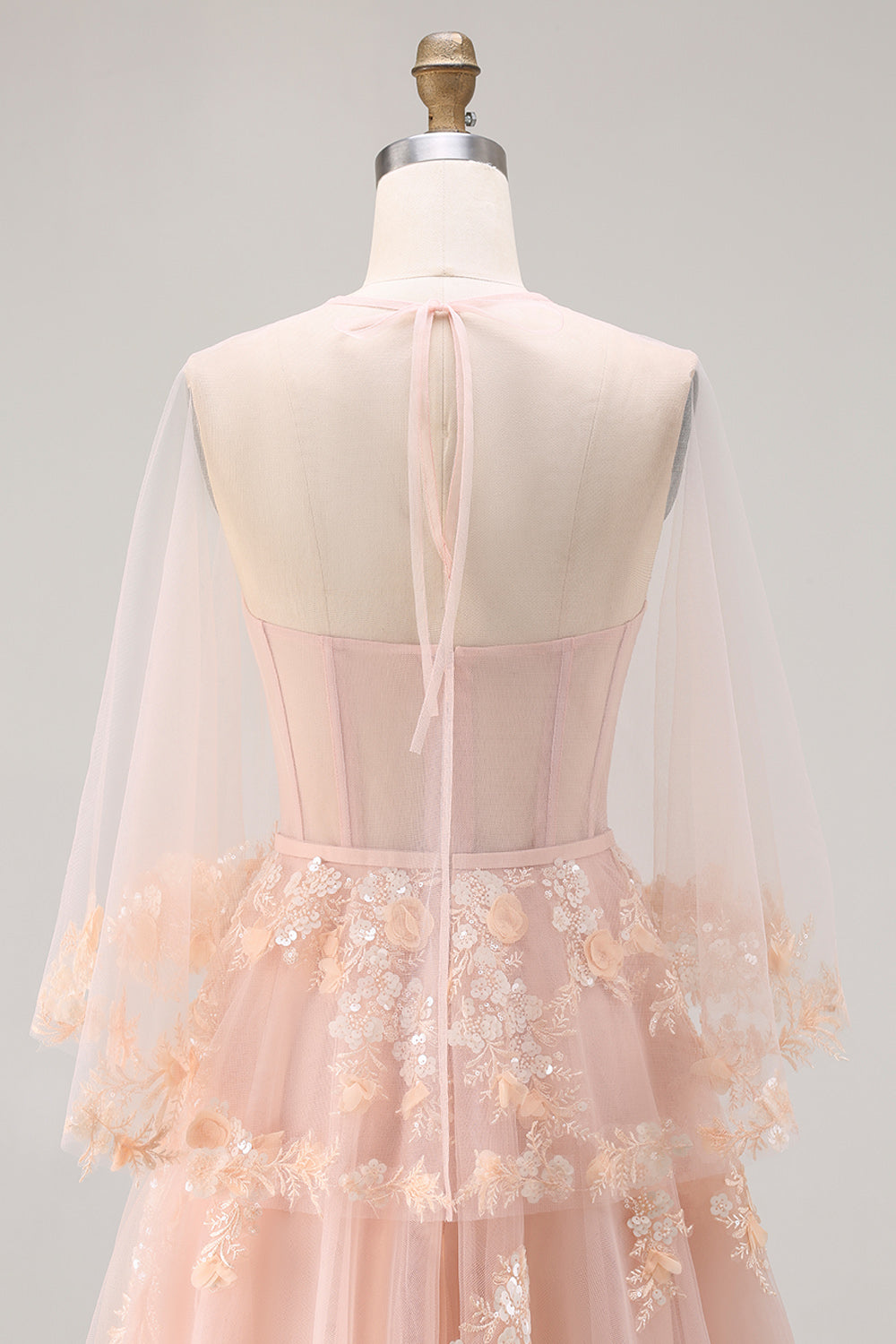 Robe longue de bal convertible en tulle fard à joues avec applique corset et manches, coupe trapèze
