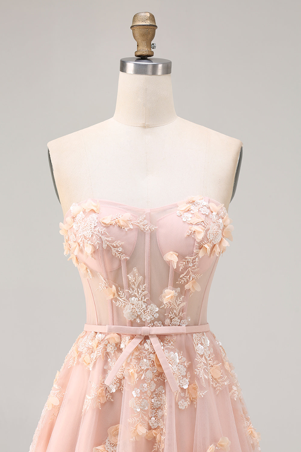 Robe longue de bal convertible en tulle fard à joues avec applique corset et manches, coupe trapèze