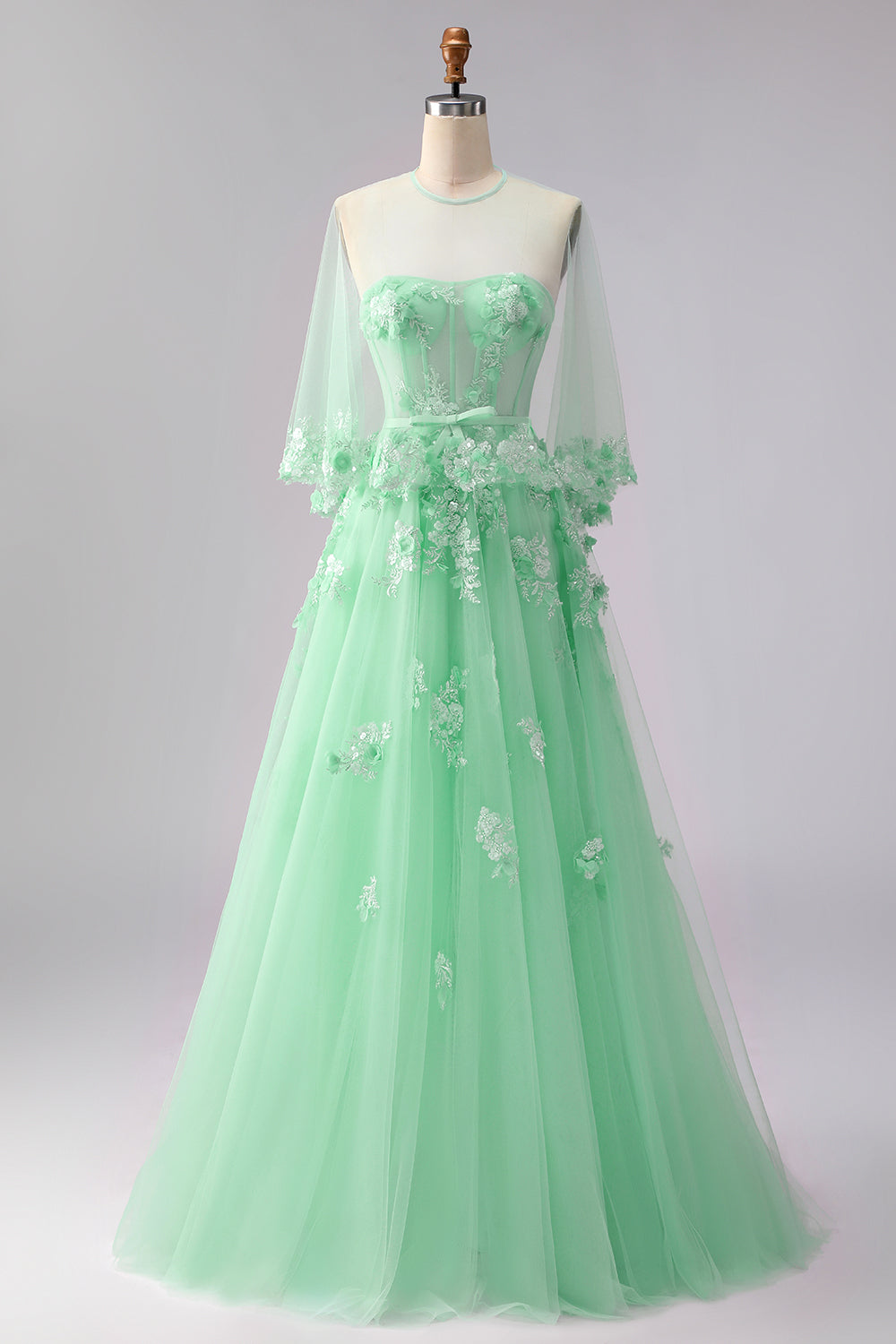 Robe longue de bal convertible en tulle fard à joues avec applique corset et manches, coupe trapèze