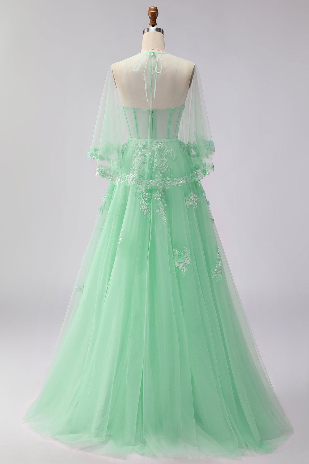 Robe longue de bal convertible en tulle fard à joues avec applique corset et manches, coupe trapèze