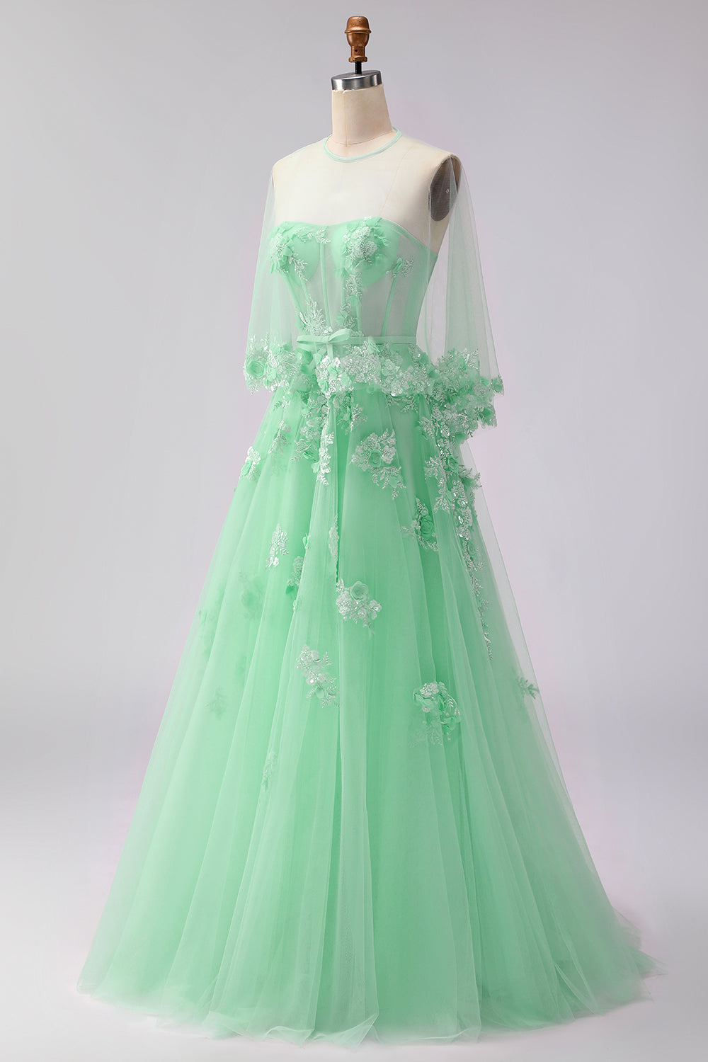 Green A-Line Corset Tulle Appliqued Convertible Long Prom Dress