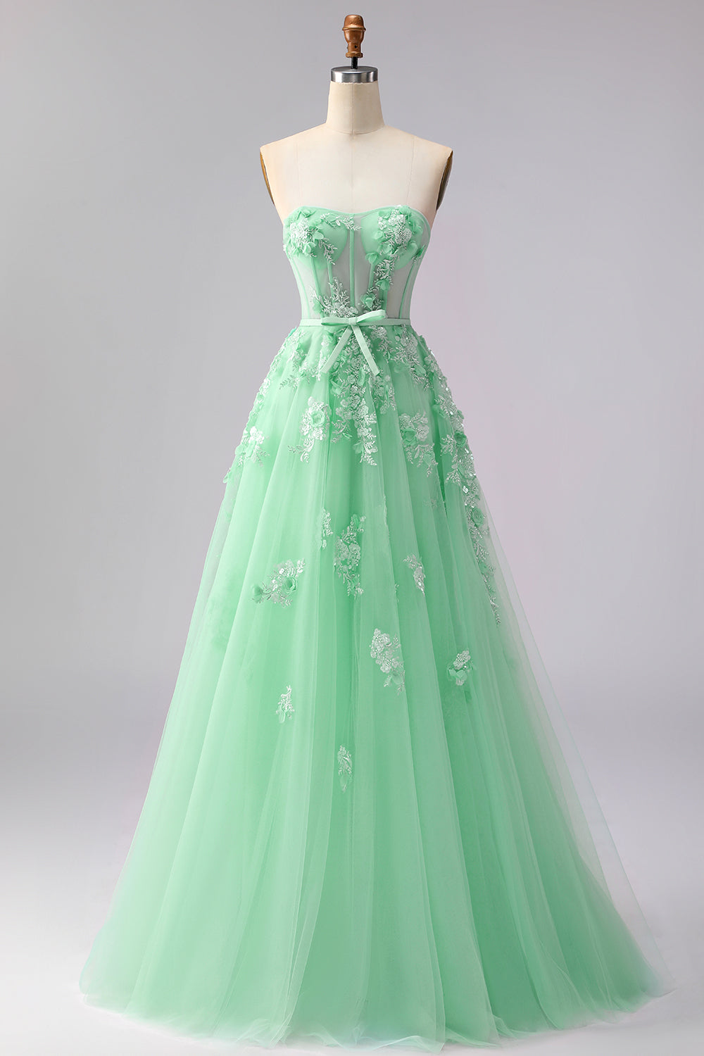 Green A-Line Corset Tulle Appliqued Convertible Long Prom Dress