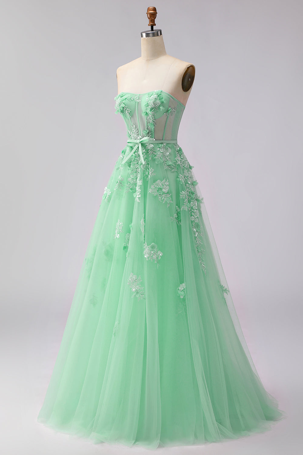 Robe longue de bal convertible en tulle fard à joues avec applique corset et manches, coupe trapèze