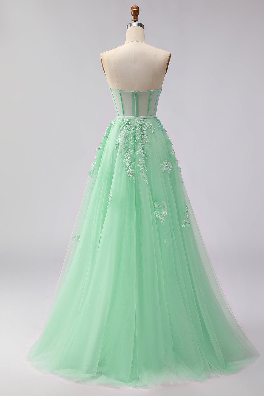 Robe longue de bal convertible en tulle fard à joues avec applique corset et manches, coupe trapèze