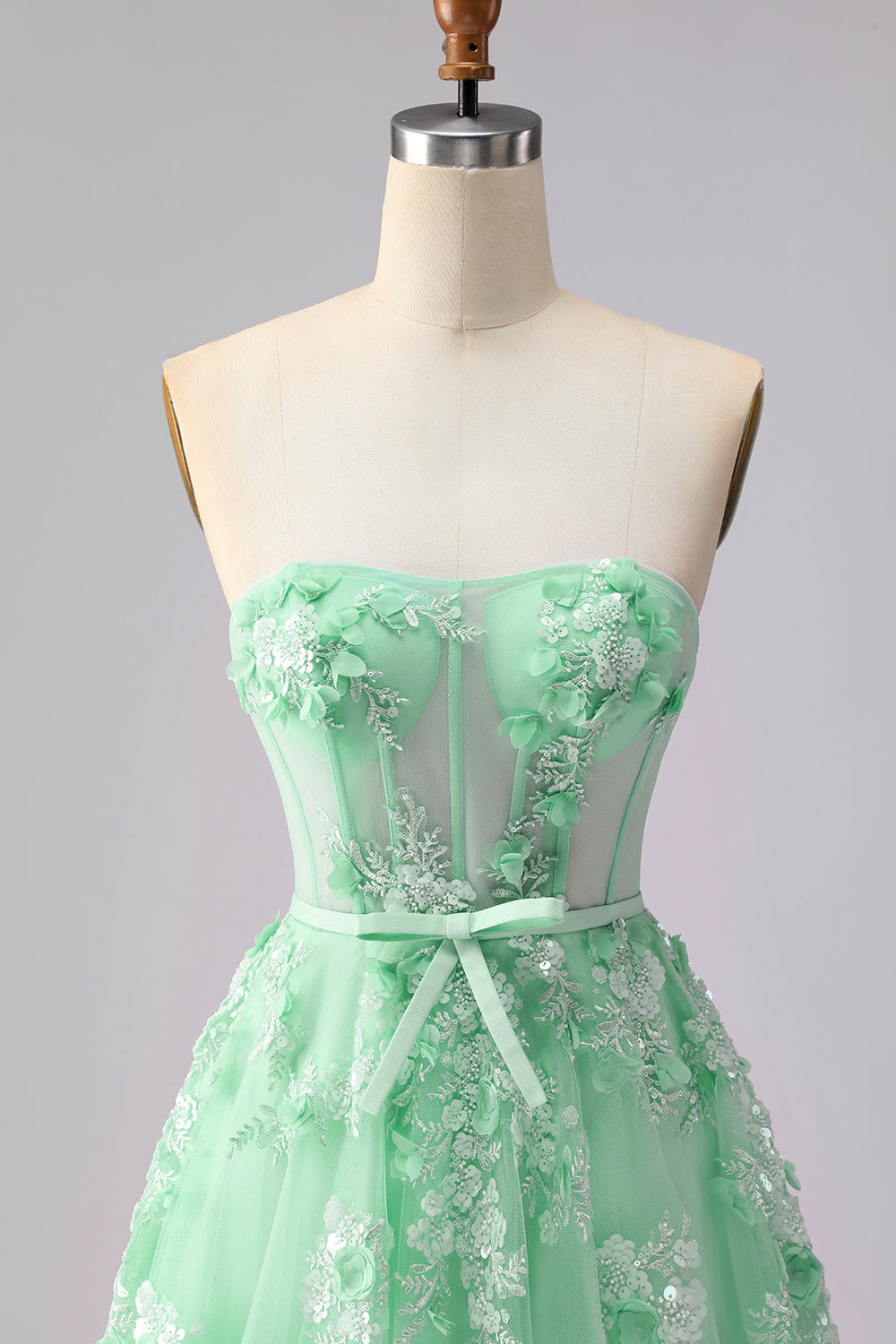 Robe longue de bal convertible en tulle fard à joues avec applique corset et manches, coupe trapèze