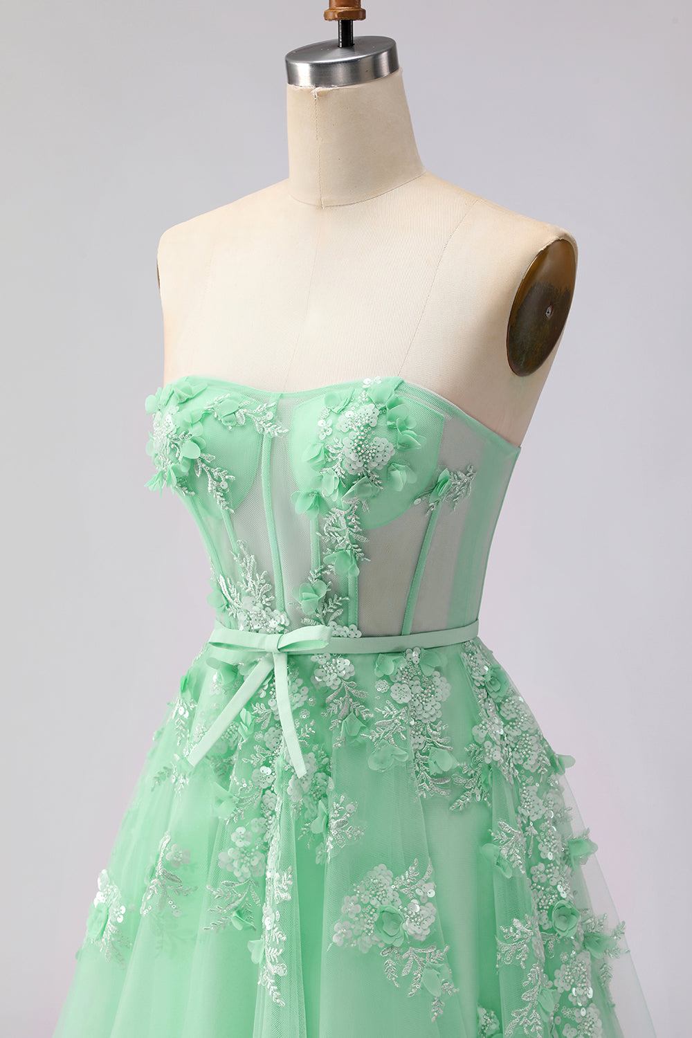 Robe longue de bal convertible en tulle fard à joues avec applique corset et manches, coupe trapèze