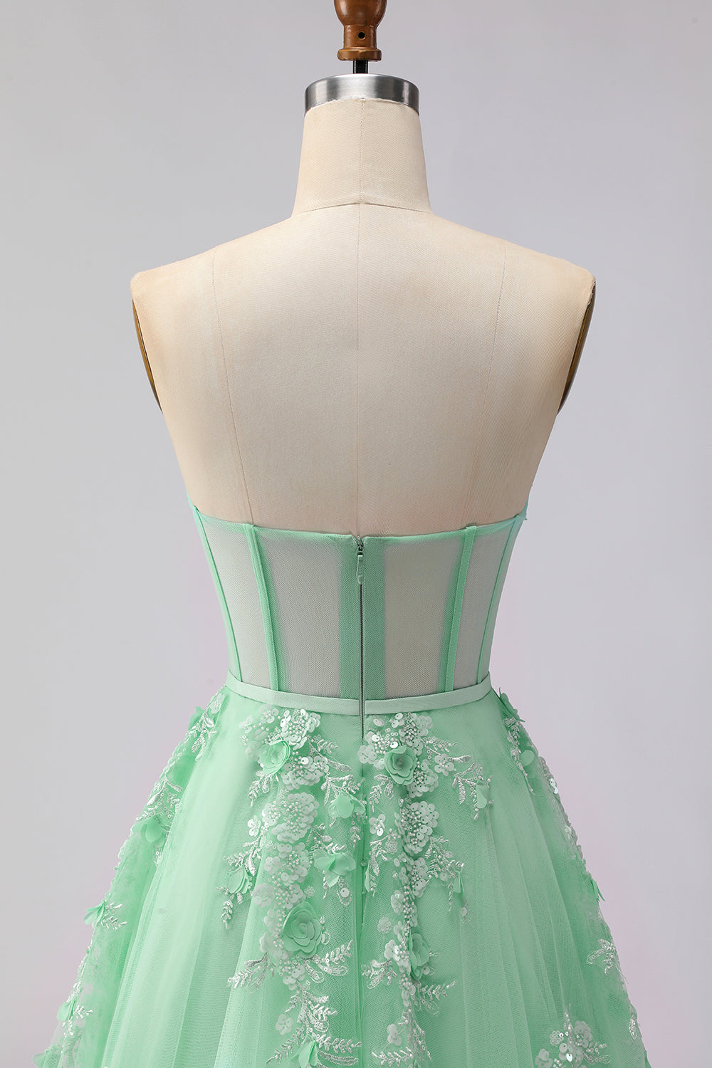 Robe longue de bal convertible en tulle fard à joues avec applique corset et manches, coupe trapèze