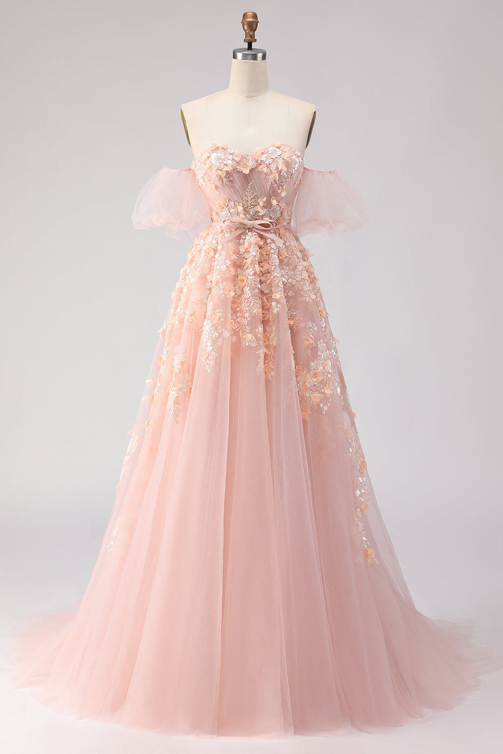Robe de bal longue en tulle violet, épaules dénudées, perles, coupe trapèze, avec manches amovibles