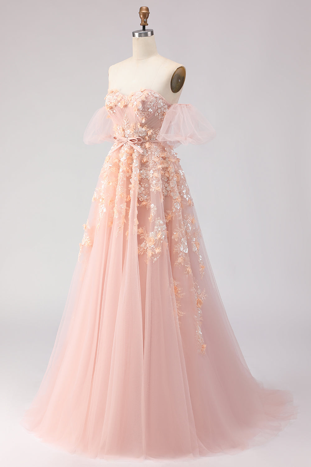 Robe de bal longue en tulle violet, épaules dénudées, perles, coupe trapèze, avec manches amovibles