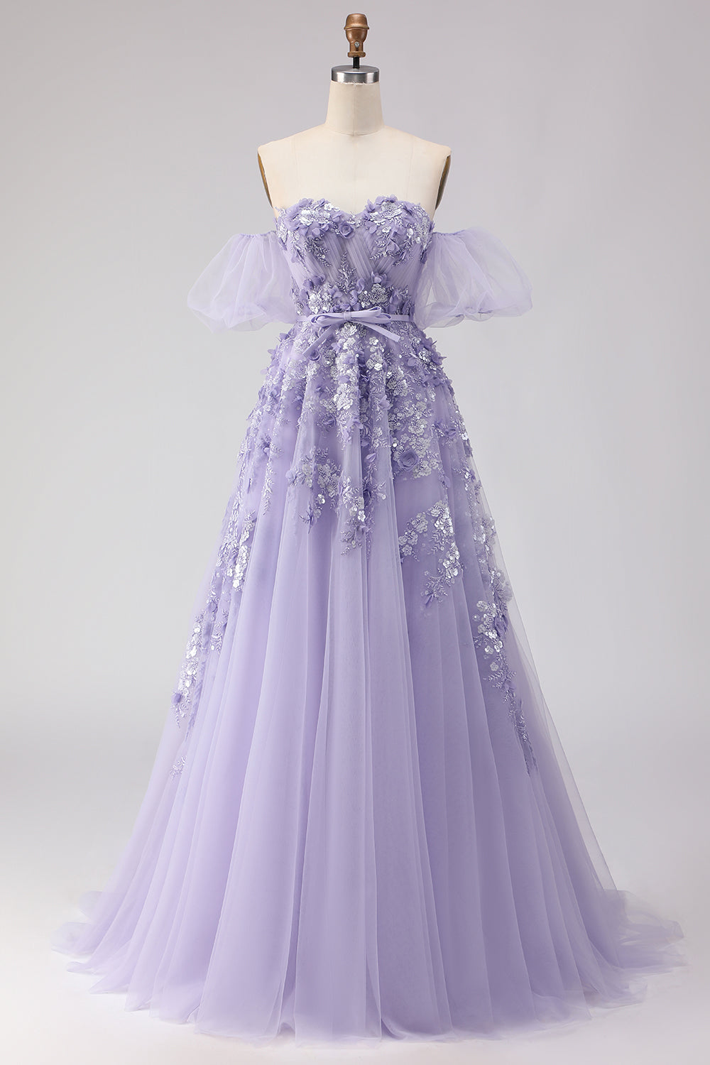 Robe de bal longue en tulle violet, épaules dénudées, perles, coupe trapèze, avec manches amovibles