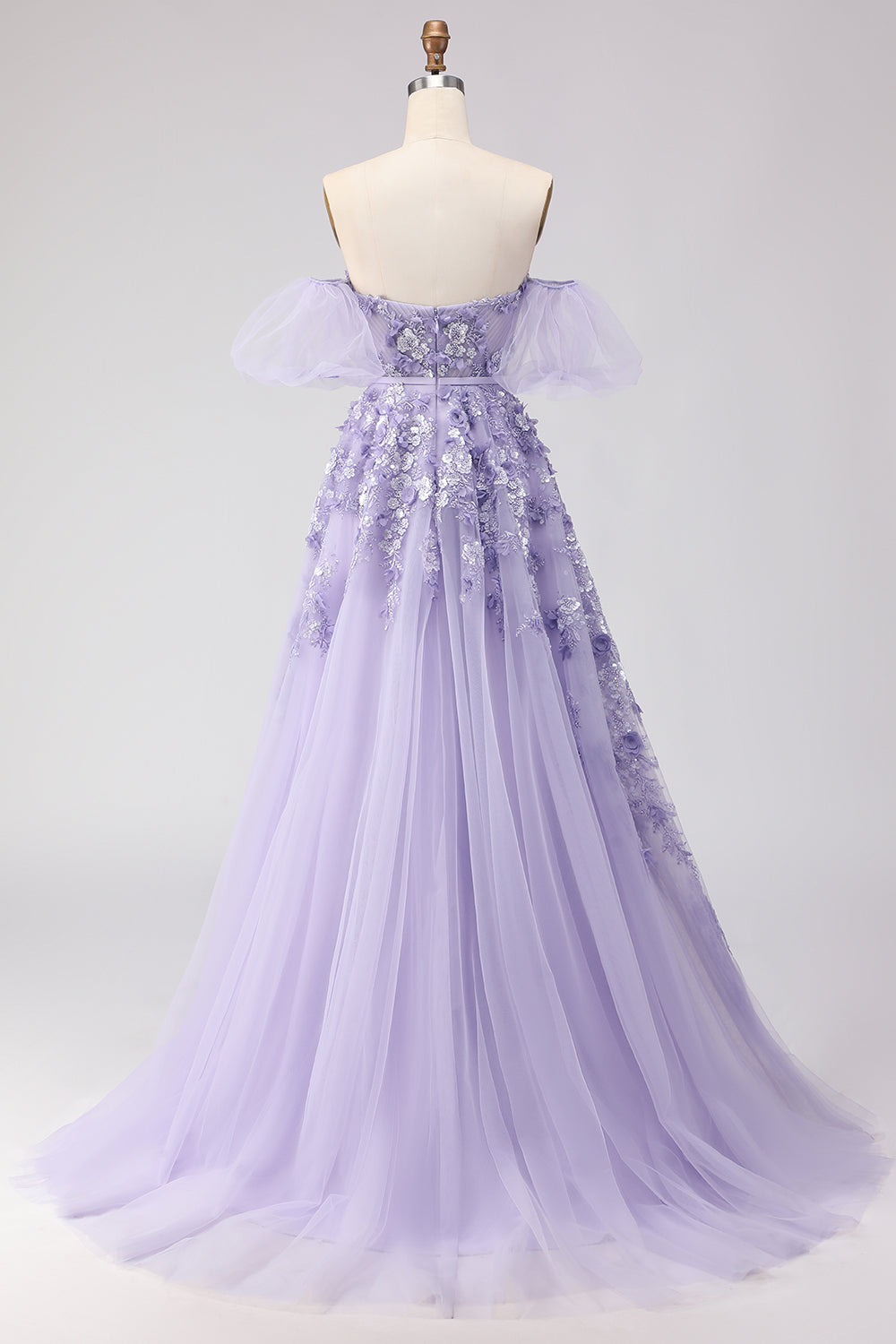 Robe de bal longue en tulle violet, épaules dénudées, perles, coupe trapèze, avec manches amovibles