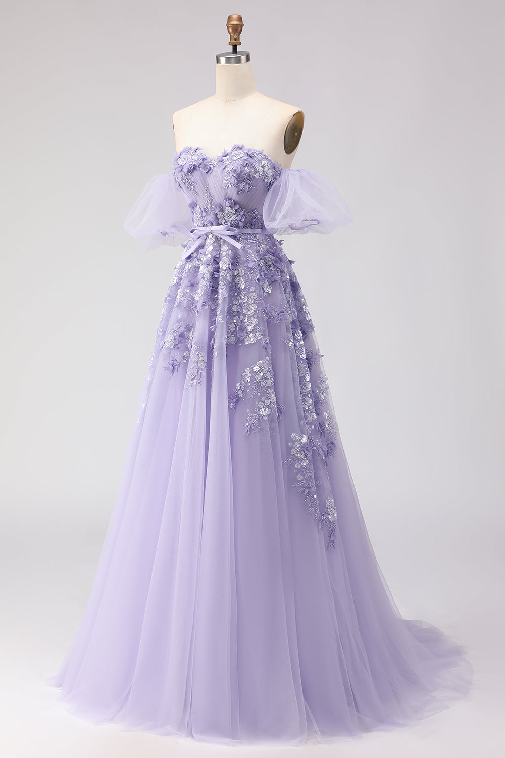 Robe de bal longue en tulle violet, épaules dénudées, perles, coupe trapèze, avec manches amovibles