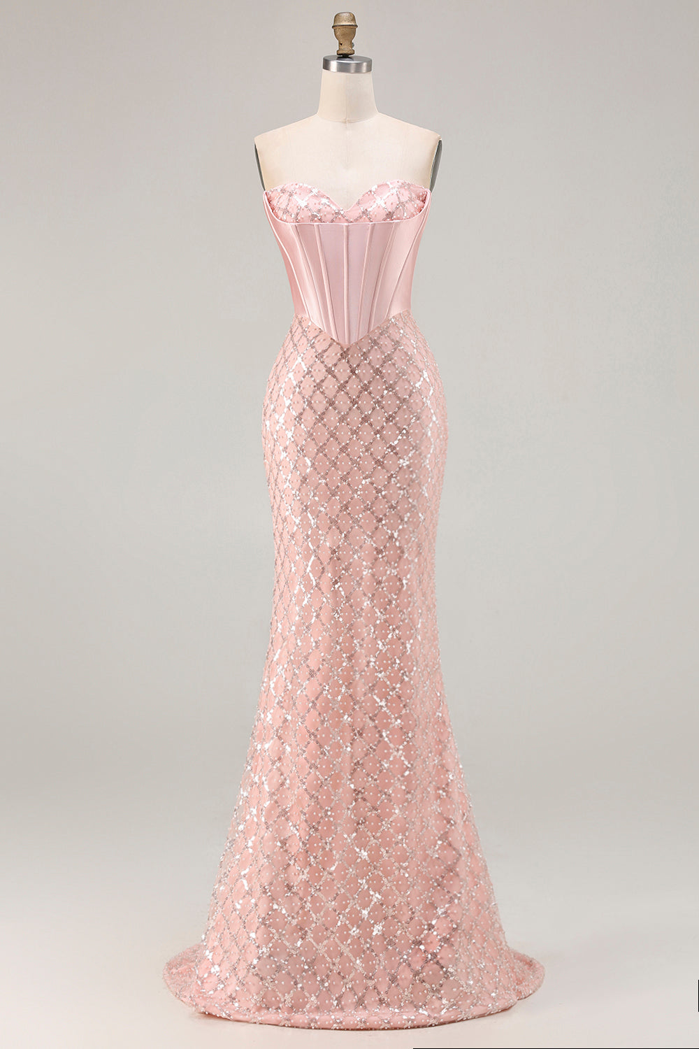 Robe longue de bal de promo sirène blush avec corsage bustier, sequins et perles