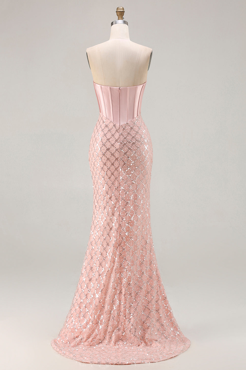 Robe longue de bal de promo sirène blush avec corsage bustier, sequins et perles