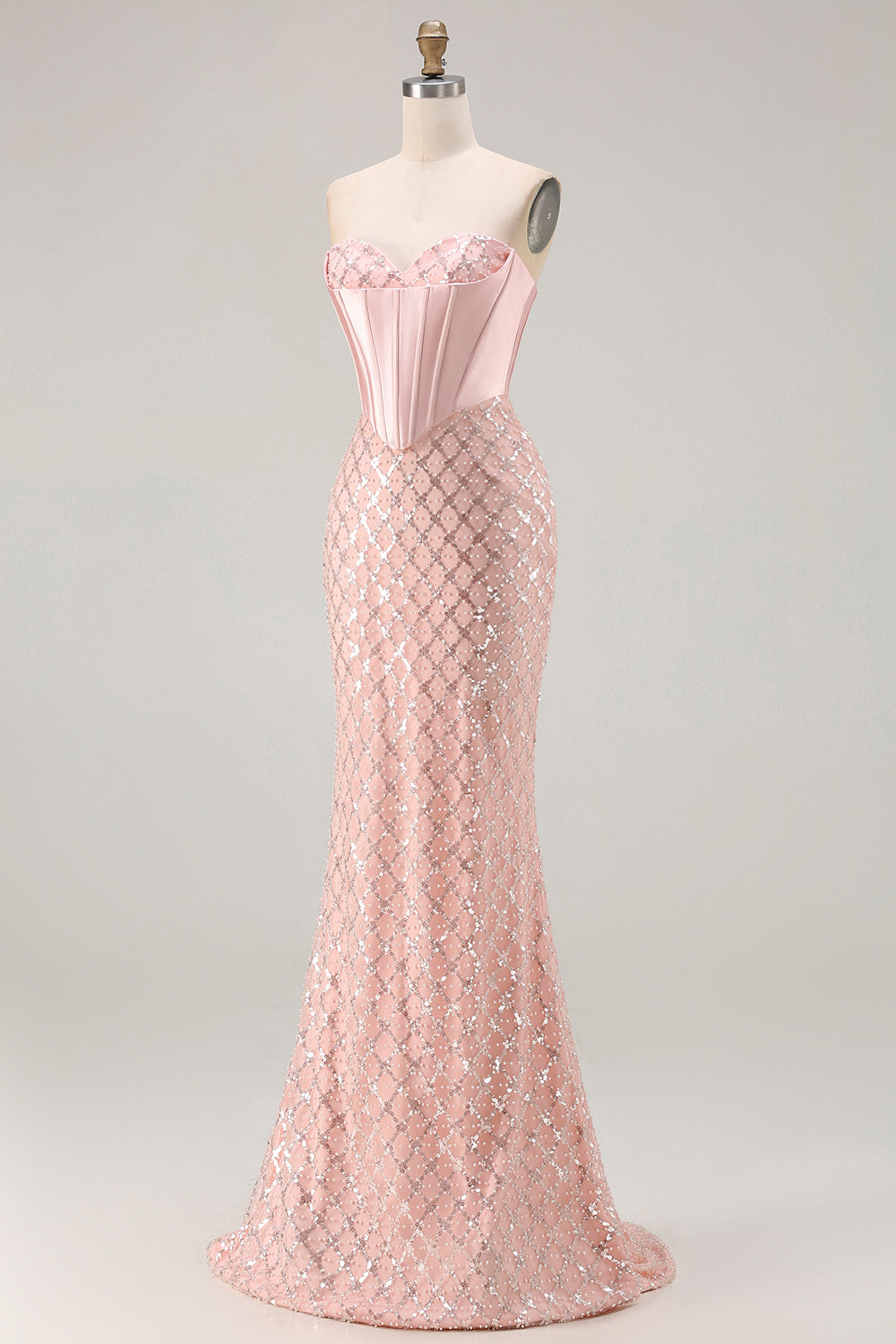 Robe longue de bal de promo sirène blush avec corsage bustier, sequins et perles