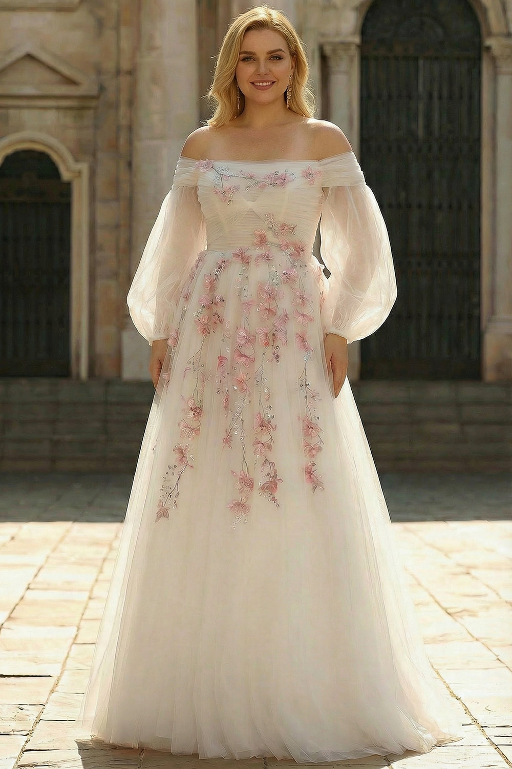 White Off-the-Shoulder A-Line Tulle Embroidered Long Plus Size Dress with Sequins