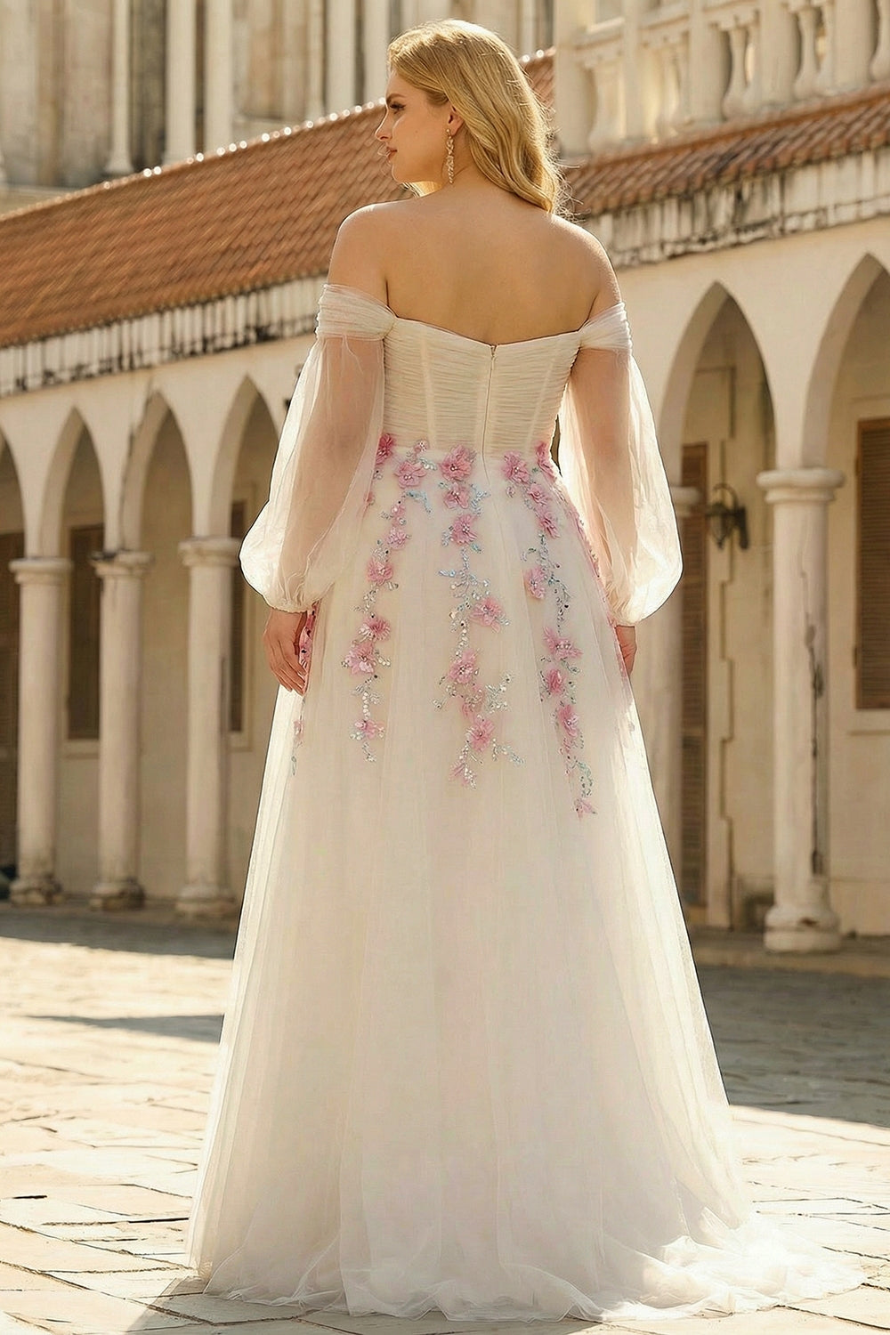 White Off-the-Shoulder A-Line Tulle Embroidered Long Plus Size Dress with Sequins
