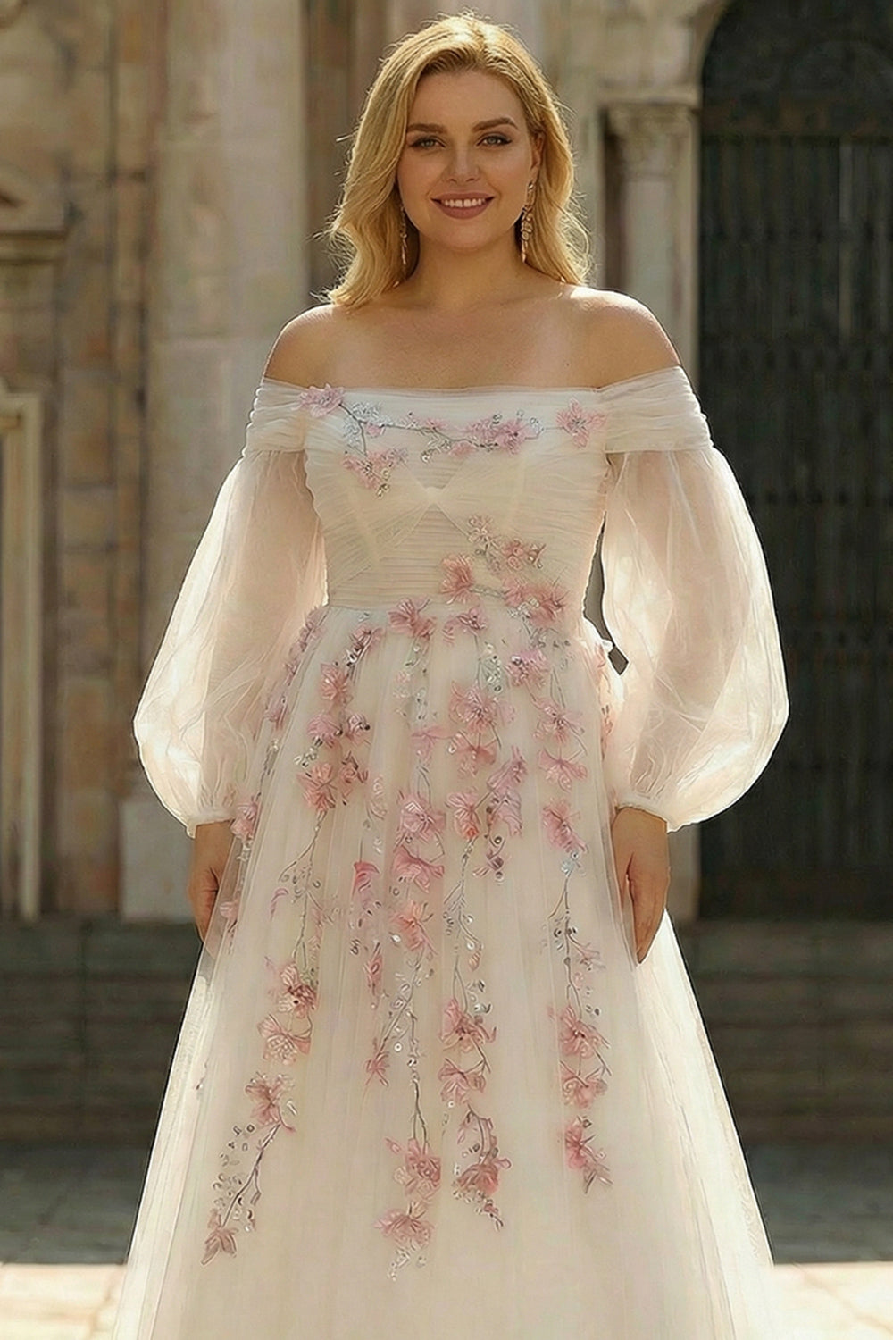 White Off-the-Shoulder A-Line Tulle Embroidered Long Plus Size Dress with Sequins