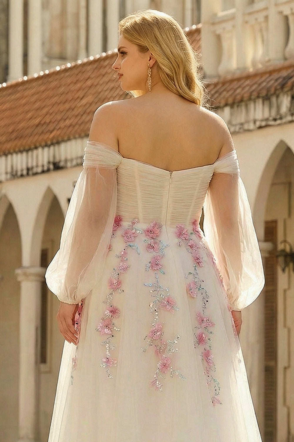 White Off-the-Shoulder A-Line Tulle Embroidered Long Plus Size Dress with Sequins