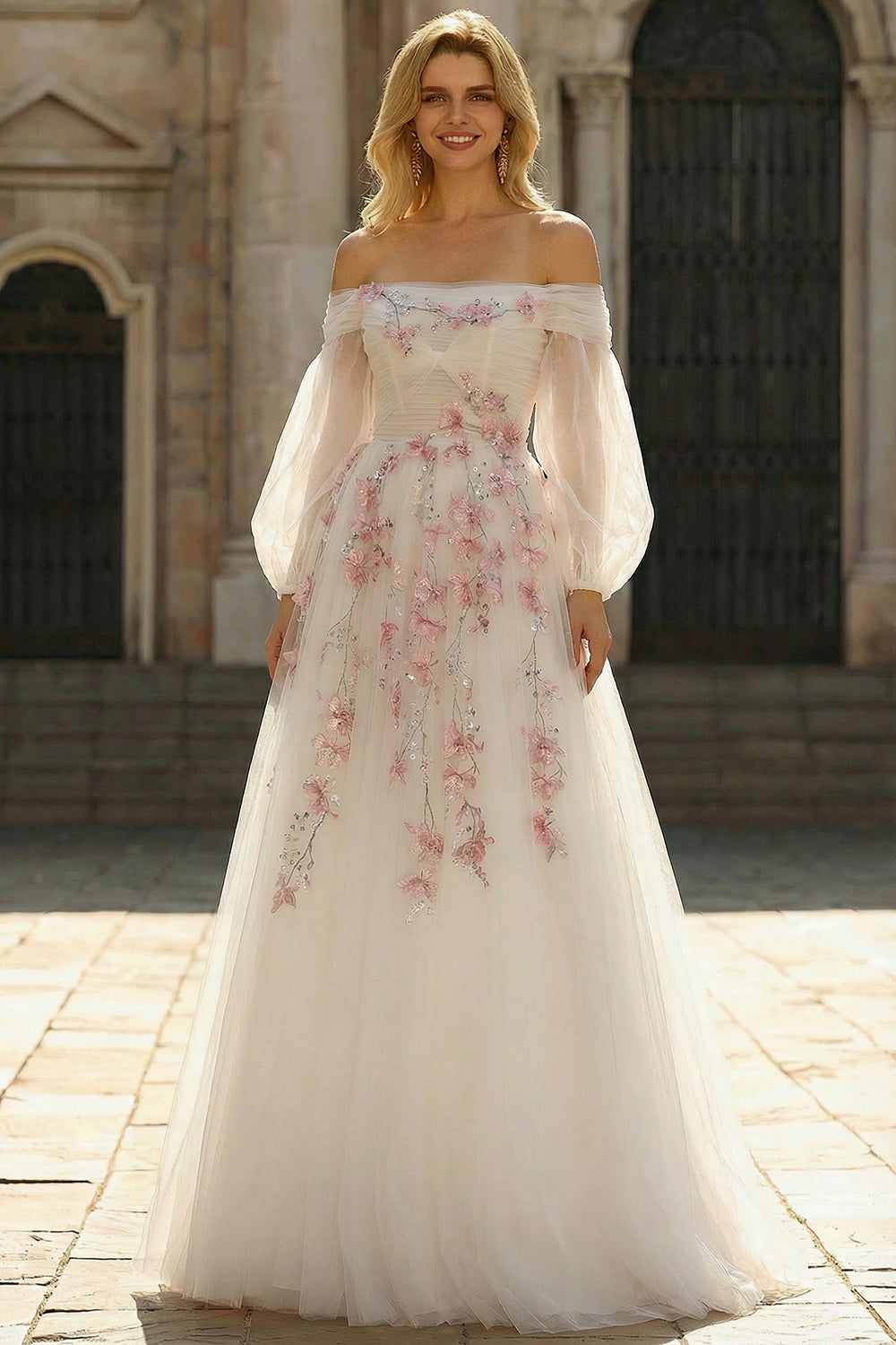 White A-Line Off The Shoulder Embroidered Tulle Long Prom Dress with Sequins