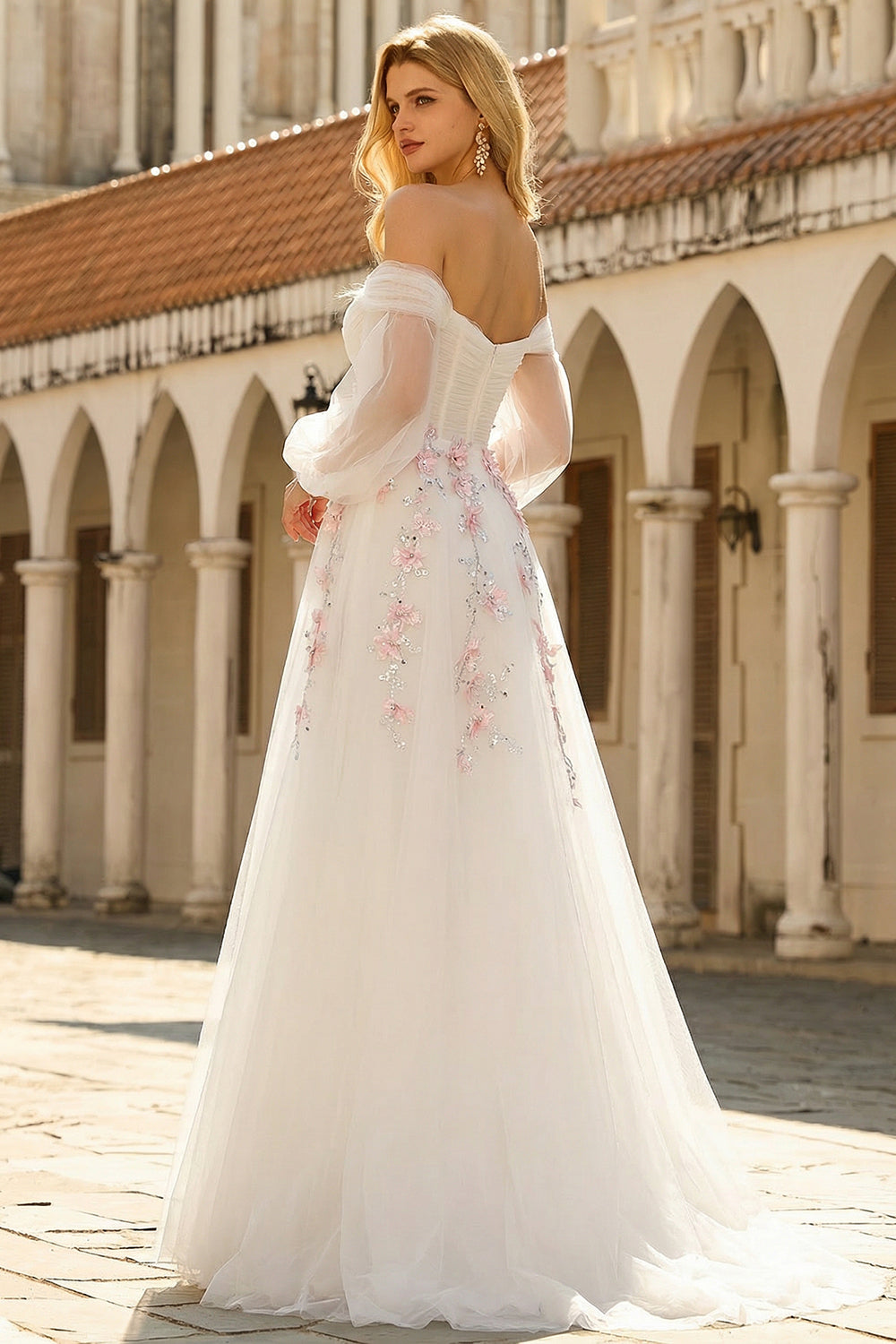 White A-Line Off The Shoulder Embroidered Tulle Long Prom Dress with Sequins