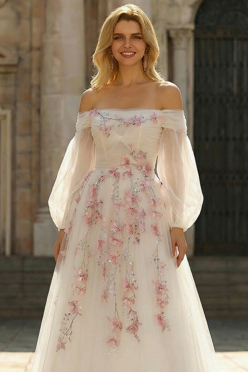 White A-Line Off The Shoulder Embroidered Tulle Long Prom Dress with Sequins
