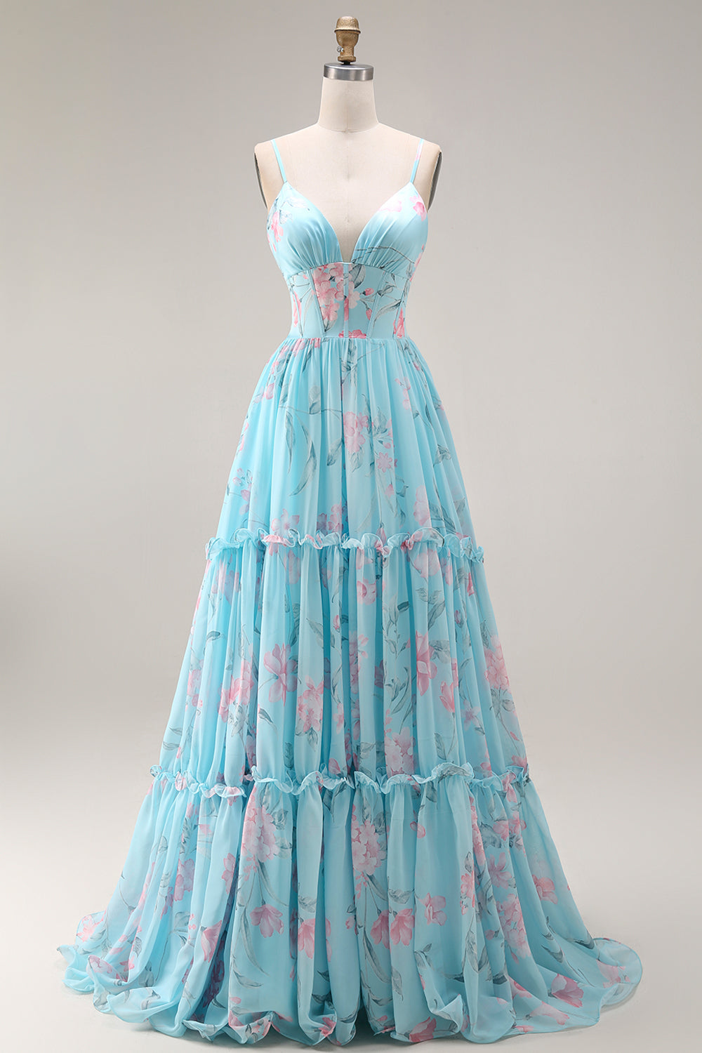 Blue Pink Flower A-Line Ruffled Corset Spaghetti Straps Chiffon Long Prom Dress