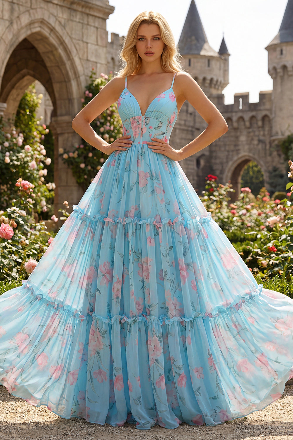 Blue Pink Flower A-Line Ruffled Corset Spaghetti Straps Chiffon Long Prom Dress