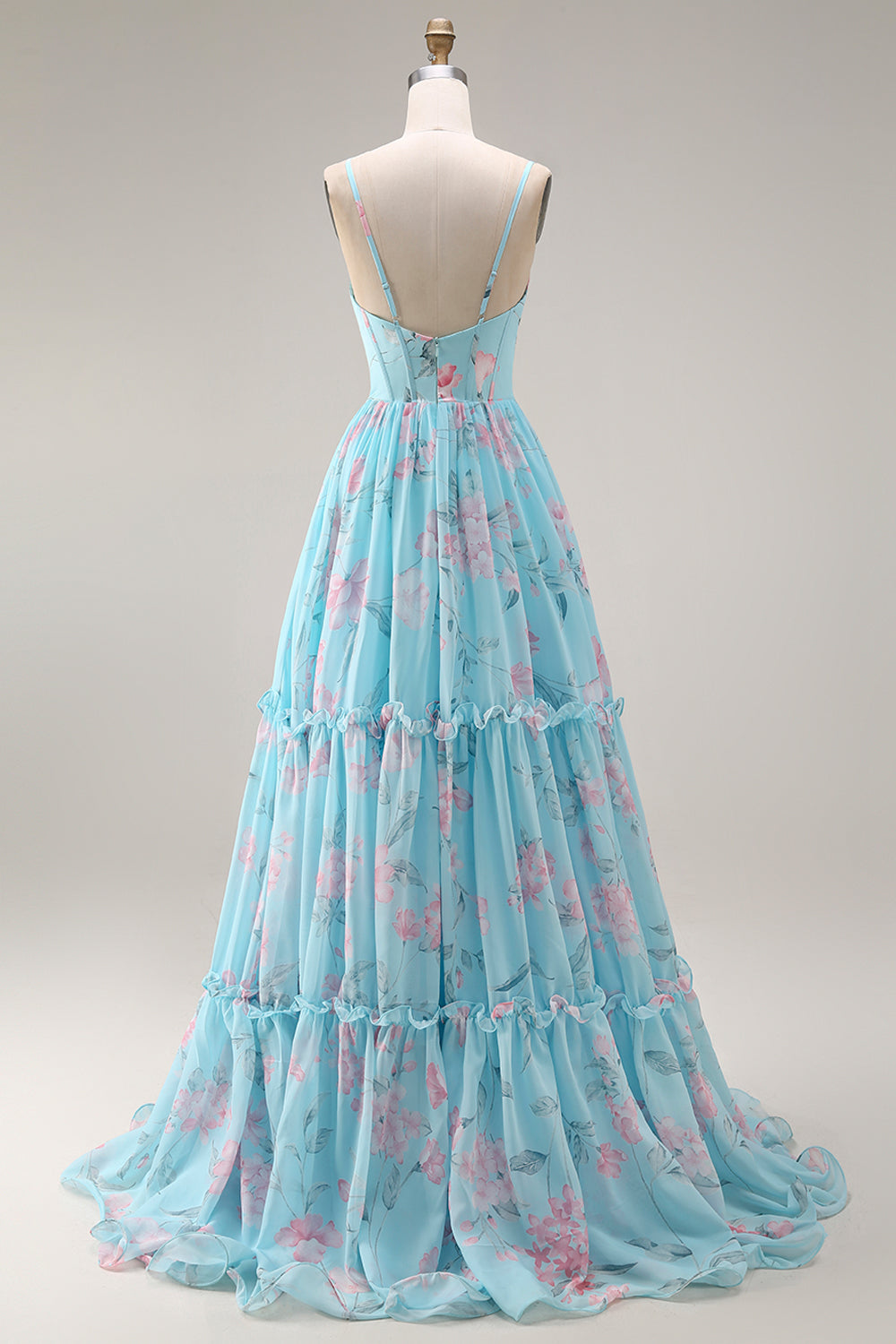 Blue Pink Flower A-Line Ruffled Corset Spaghetti Straps Chiffon Long Prom Dress