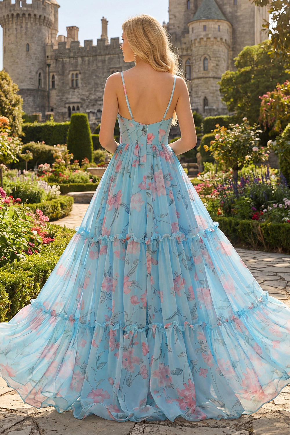 Blue Pink Flower A-Line Ruffled Corset Spaghetti Straps Chiffon Long Prom Dress