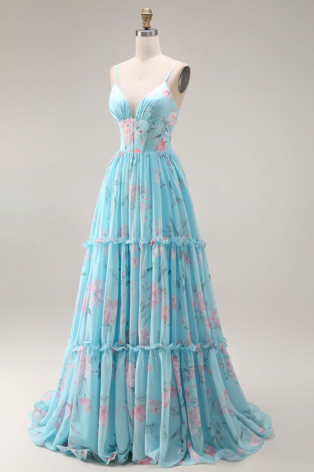 Blue Pink Flower A-Line Ruffled Corset Spaghetti Straps Chiffon Long Prom Dress