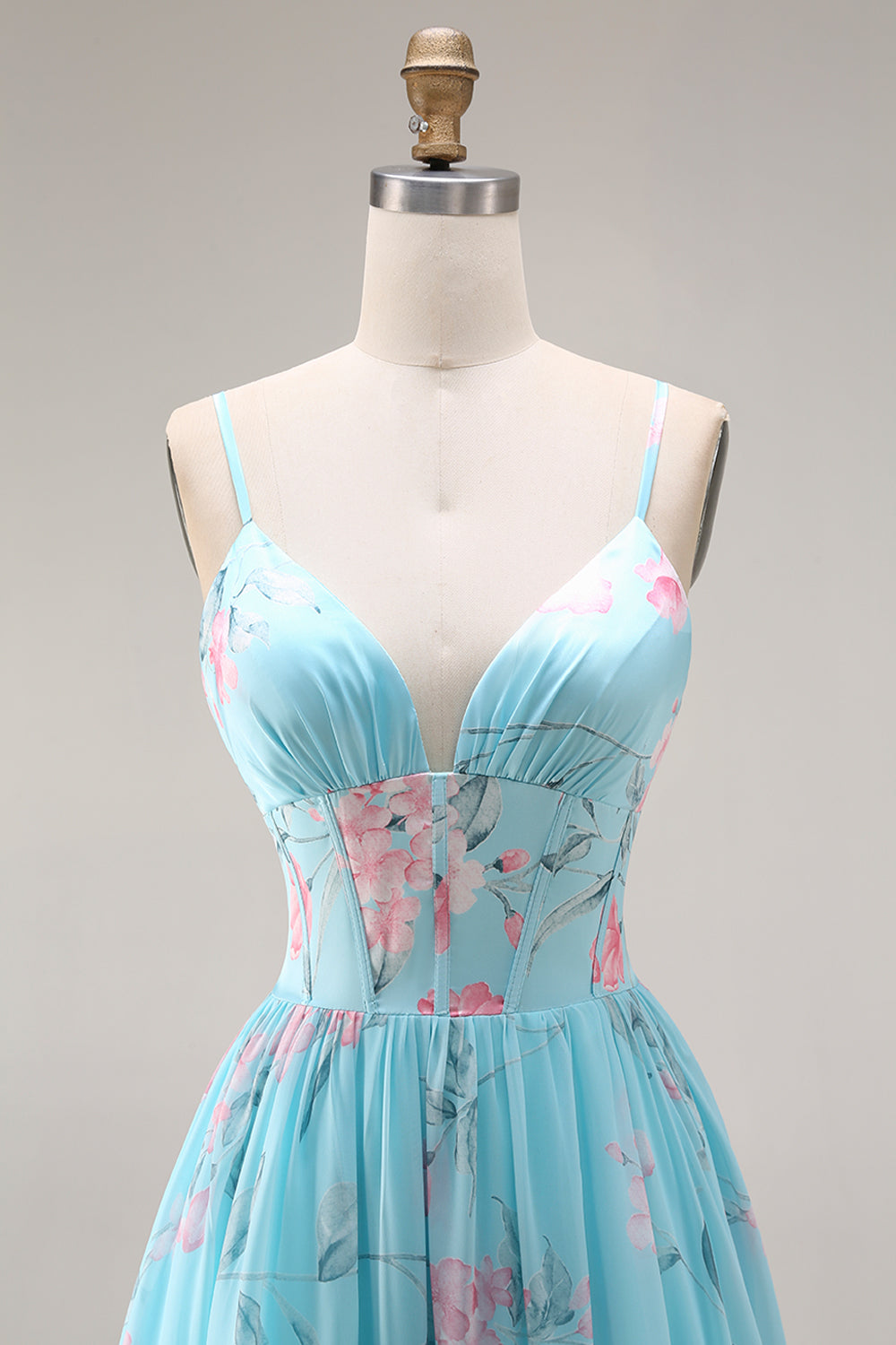 Blue Pink Flower A-Line Ruffled Corset Spaghetti Straps Chiffon Long Prom Dress