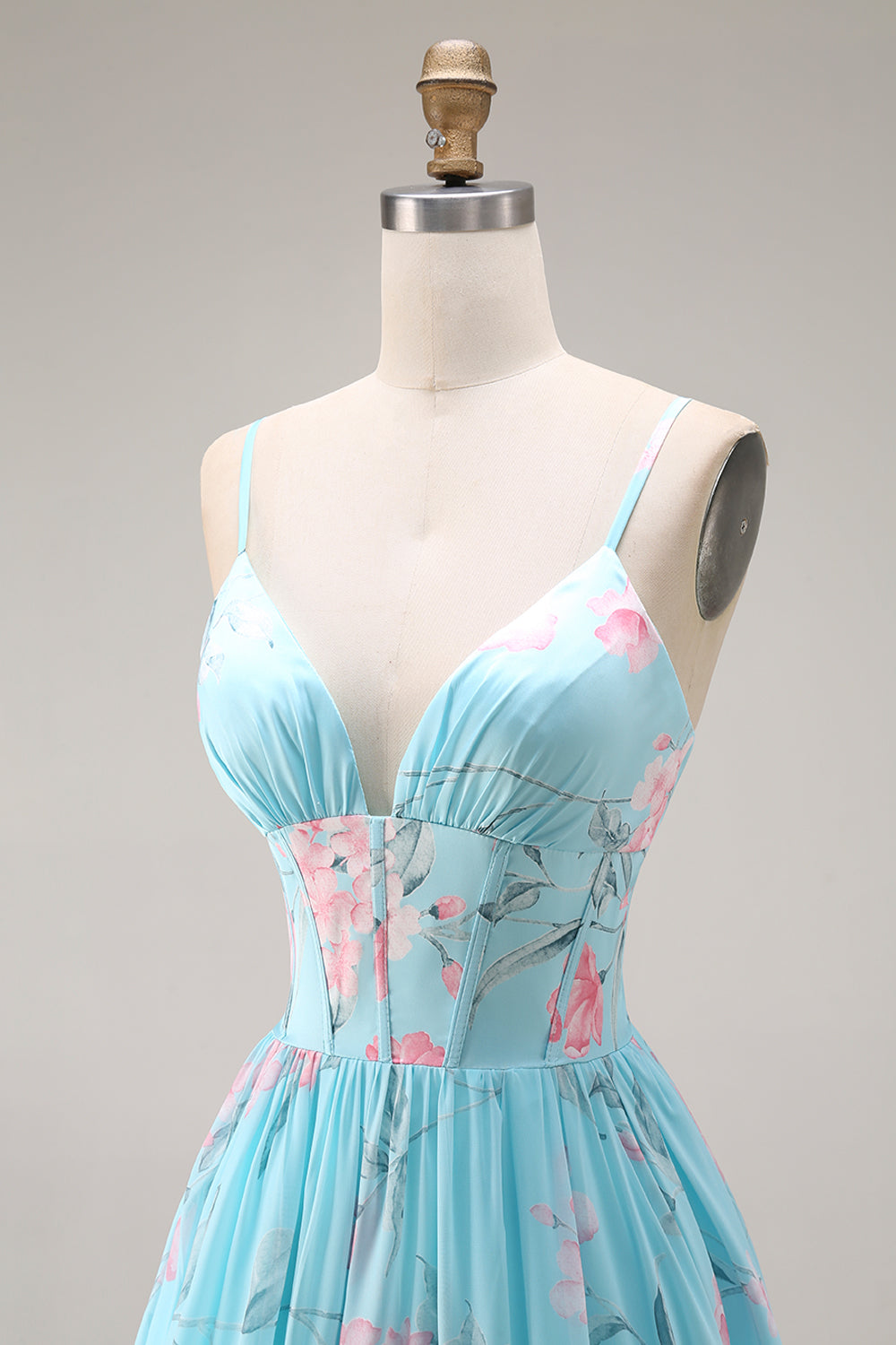Blue Pink Flower A-Line Ruffled Corset Spaghetti Straps Chiffon Long Prom Dress