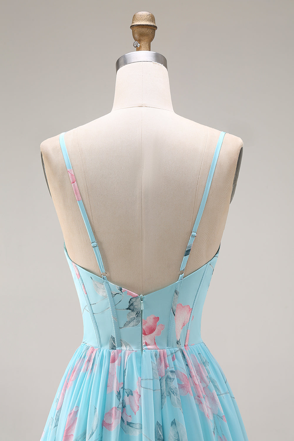 Blue Pink Flower A-Line Ruffled Corset Spaghetti Straps Chiffon Long Prom Dress