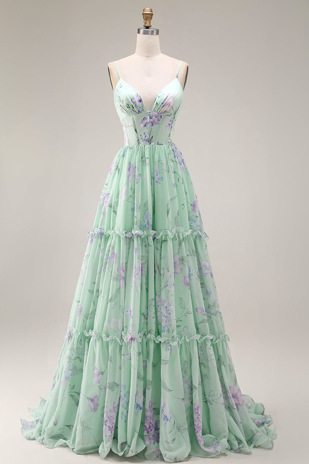 Blue Pink Flower A-Line Ruffled Corset Spaghetti Straps Chiffon Long Prom Dress