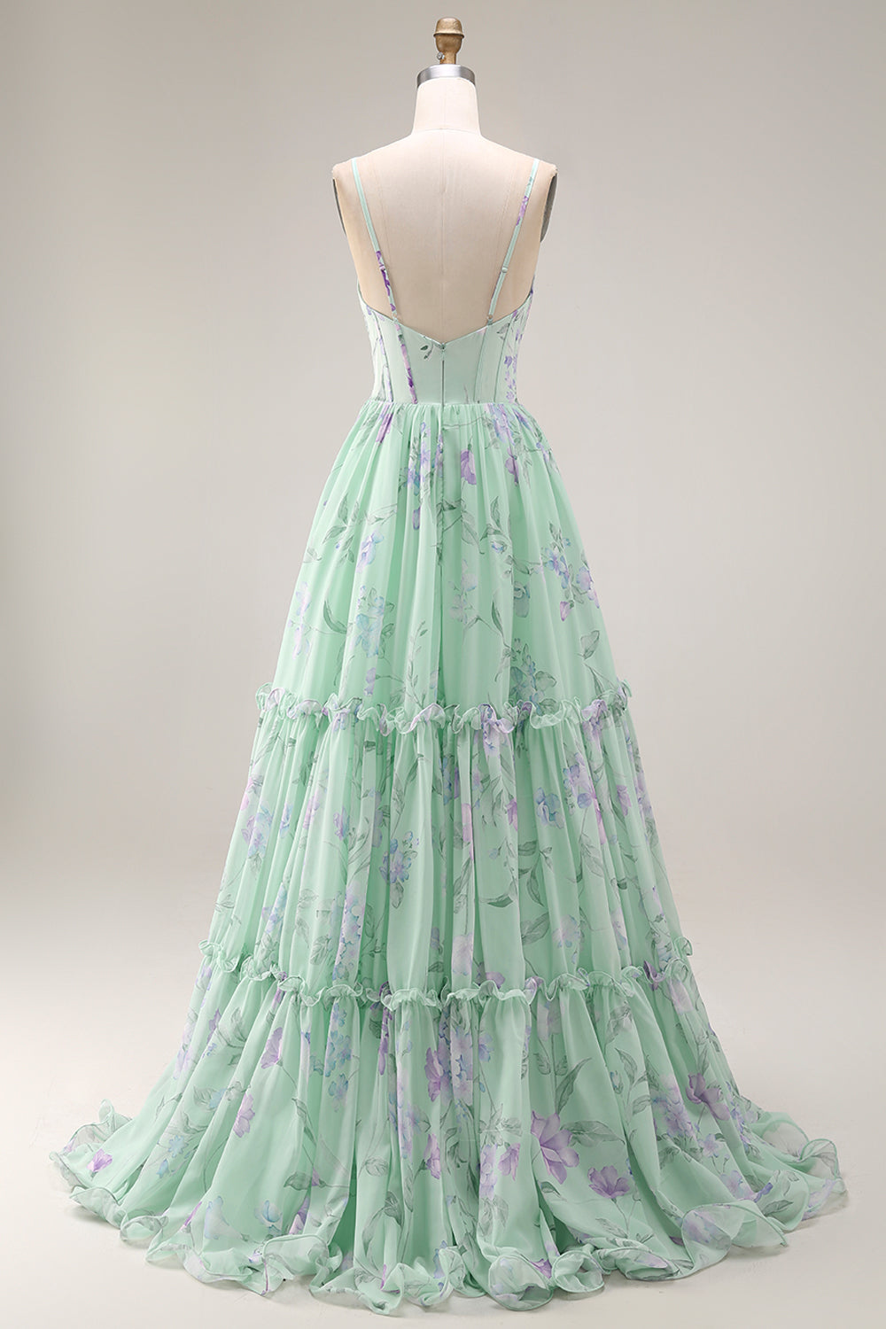 Blue Pink Flower A-Line Ruffled Corset Spaghetti Straps Chiffon Long Prom Dress