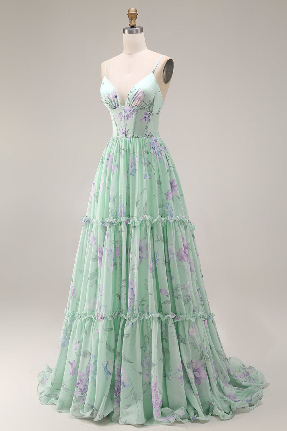Blue Pink Flower A-Line Ruffled Corset Spaghetti Straps Chiffon Long Prom Dress
