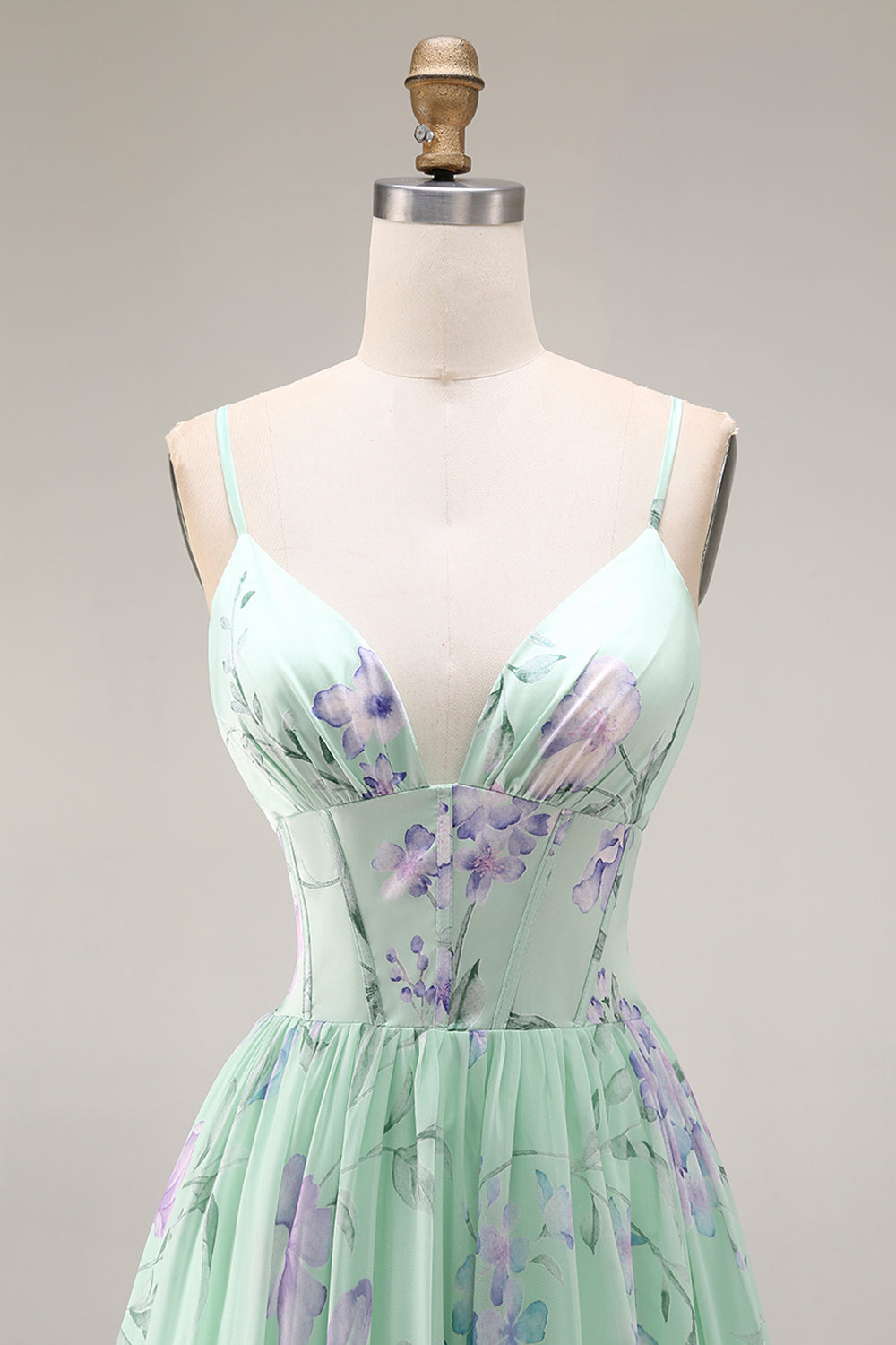 Blue Pink Flower A-Line Ruffled Corset Spaghetti Straps Chiffon Long Prom Dress