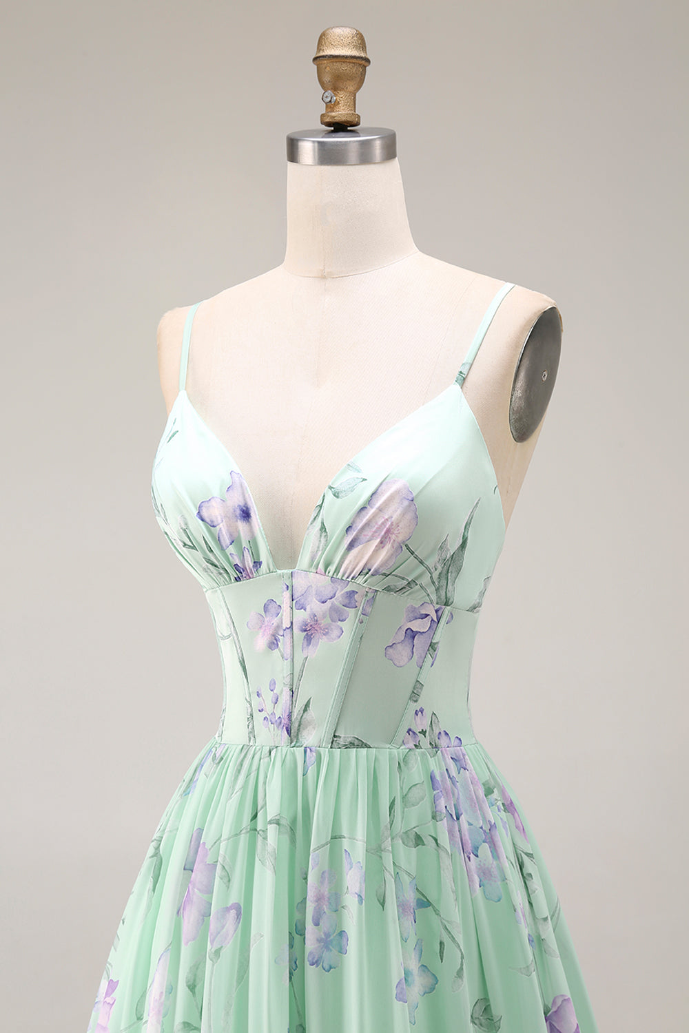 Blue Pink Flower A-Line Ruffled Corset Spaghetti Straps Chiffon Long Prom Dress