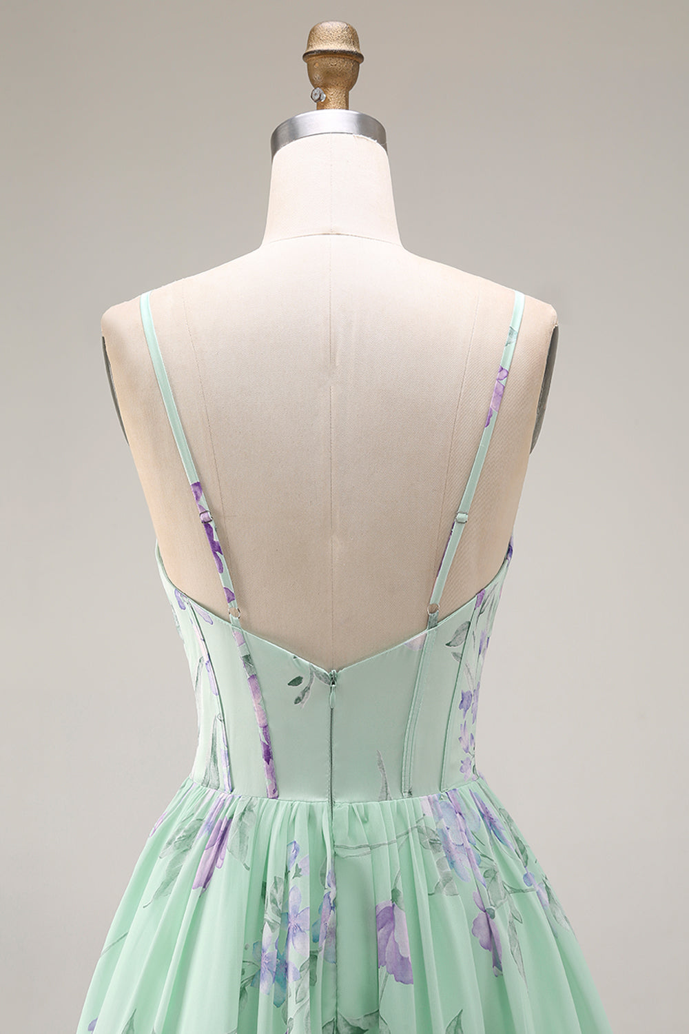 Blue Pink Flower A-Line Ruffled Corset Spaghetti Straps Chiffon Long Prom Dress