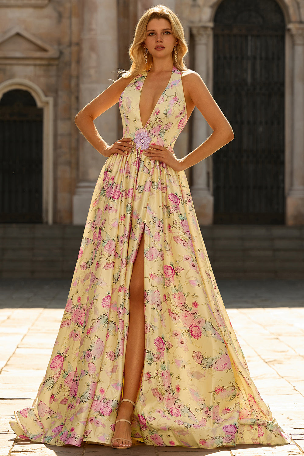 Yellow Pink Flowers A Line Deep V Neck Backless Long Prom Dress with Slit