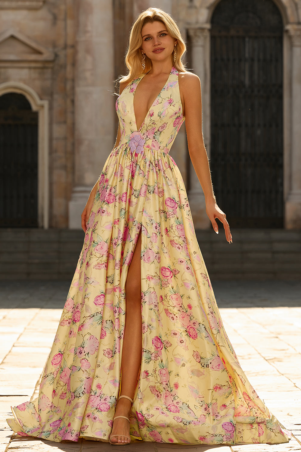 Yellow Pink Flowers A Line Deep V Neck Backless Long Prom Dress with Slit